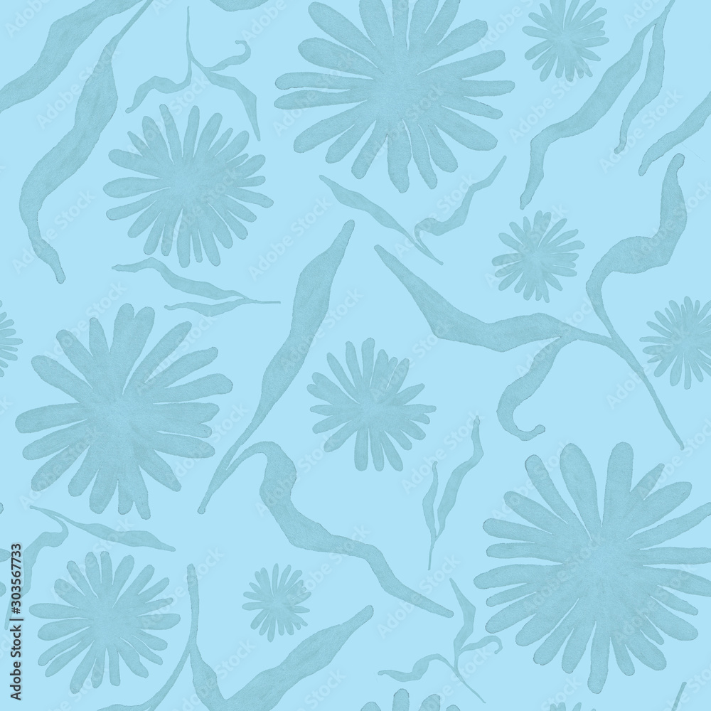 Fototapeta premium Flowers with leaves silhouettes, hand drawn seamless pattern with blossom on blue