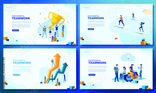 Trendy flat illustration. Set of web page concepts. Successful teamwork. People work. Business strategy. Teamwork and competition. Business growth. Template for your design works. Vector graphics.