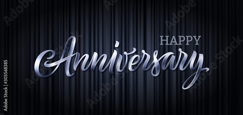 Anniversary vector text banner, letter, poster. Happy Anniversary 3d silver text on black curtain background. Luxury premium concept for card, logo, party, jubilee, business, wallpaper.