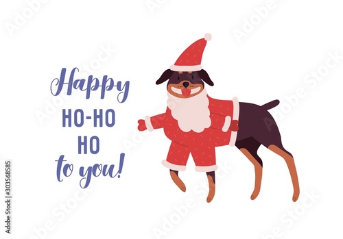 Cute dog, rottweiler in red Santa costume cartoon illustration