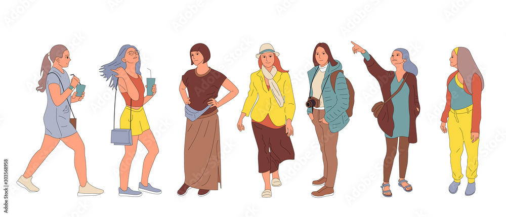 Set of different people characters in casual outfit. Crowd of girls in different poses, walking, standing outdoors. Isolated on white. Flat style cartoon stock vector illustration. Set of different people characters in casual outfit. Crowd of girls in different poses, walking, standing outdoors. Isolated on white. Flat style cartoon stock vector illustration.
