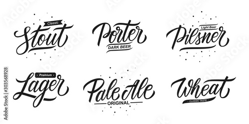 Set of different beer types for beer labels or pub menu. Stout, Porter, Pilsner, Lager, Pale Ale, Wheat. Calligraphic elements for your design. Vector illustration.
