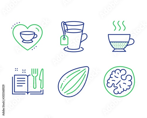 Doppio, Love coffee and Recipe book line icons set. Almond nut, Tea and Walnut signs. Coffee drink, Cappuccino mug, Food. Vegetarian food. Food and drink set. Line doppio outline icons. Vector