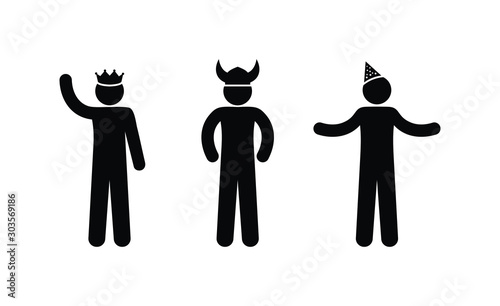 stick figure man in a hat, king, viking and jester illustration, various poses, icon set, people isolated on a white background