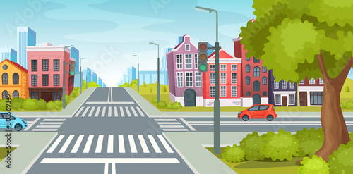 Urban street with roads, facade of urban buildings and landscape.