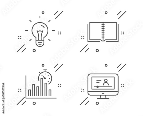Report timer, Idea and Book line icons set. Online video sign. Growth chart, Light bulb, E-learning course. Video exam. Education set. Line report timer outline icon. Vector