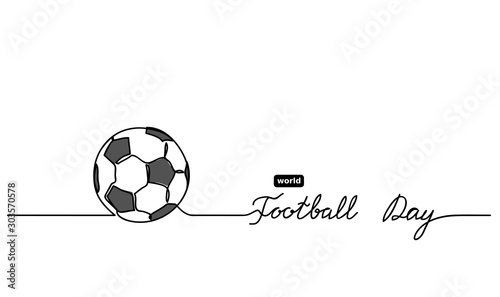 World football day lettering. Football, soccer ball illustration. One continuous line drawing concept.