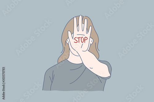Domestic violence, alcoholism, beatings, threat concept. Young woman is afraid to accept mutilation and abuse. Frightened teen girl wants to stop bullying and humiliation in family. Flat simple vector