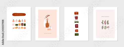 Set of christmas new year winter holiday greeting cards with xmas decoration. Vector abstract trendy illustration in minimalistic hand drawn flat style