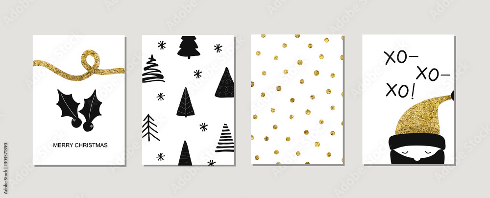 Set of christmas new year winter holiday cute golden greeting cards with gold texture objects. Vector abstract trendy illustration in minimalistic black white hand drawn flat style - obrazy, fototapety, plakaty 