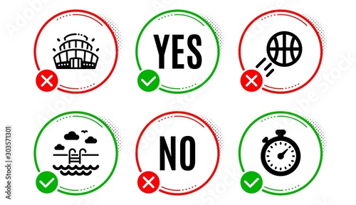 Basketball, Swimming pool and Arena stadium icons simple set. Yes no check box. Timer sign. Sport ball, Basin, Competition building. Stopwatch gadget. Sports set. Basketball icon. Check mark. Vector