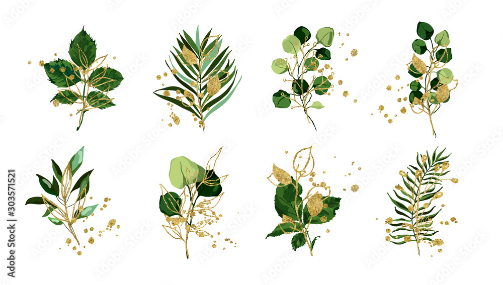 Plakat Złoto zielony tropikalny liść ślub bukiet z złote splatters na białym tle. Liści kwiatowy wektor ilustracja układ w stylu przypominającym akwarele. Projektowanie sztuki botanicznej