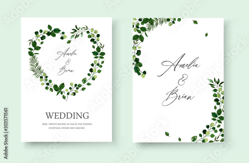 Wedding floral invite card save the date design with botanic green leaf herbs wreath and frame. Botanical greenery elegant decorative vector template watercolor style