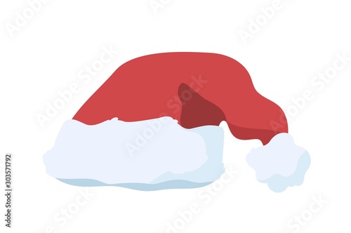 Santa claus hat flat vector illustration. Festive christmas cap, traditional xmas headwear isolated on white background. Warm winter season clothes, funny headdress. New year celebration symbol.