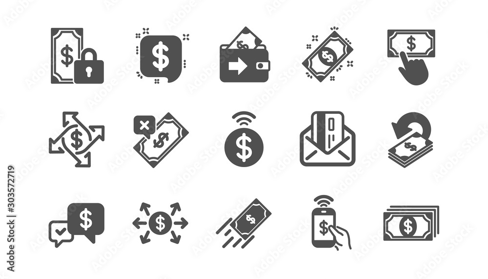 Money payment icons. Accept transfer, Pay by Phone and Credit card. Cash classic icon set. Quality set. Vector