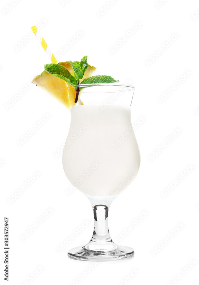 Glass of tasty Pina Colada cocktail on white background Glass of tasty Pina Colada cocktail on white background