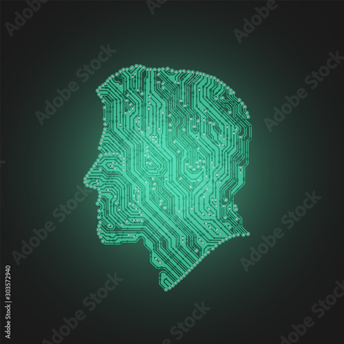 Green head made by electric circuit map, A.I. vector illustration