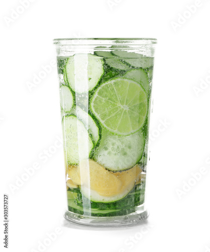 Glass of healthy infused water on white background