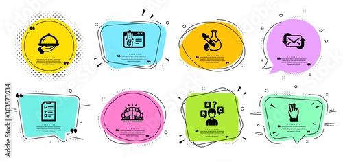 Refresh mail, Interview and Chemistry experiment line icons set. Chat bubbles with quotes. Restaurant food, Start business and Victory hand signs. Arena stadium, Quiz test symbols. Vector