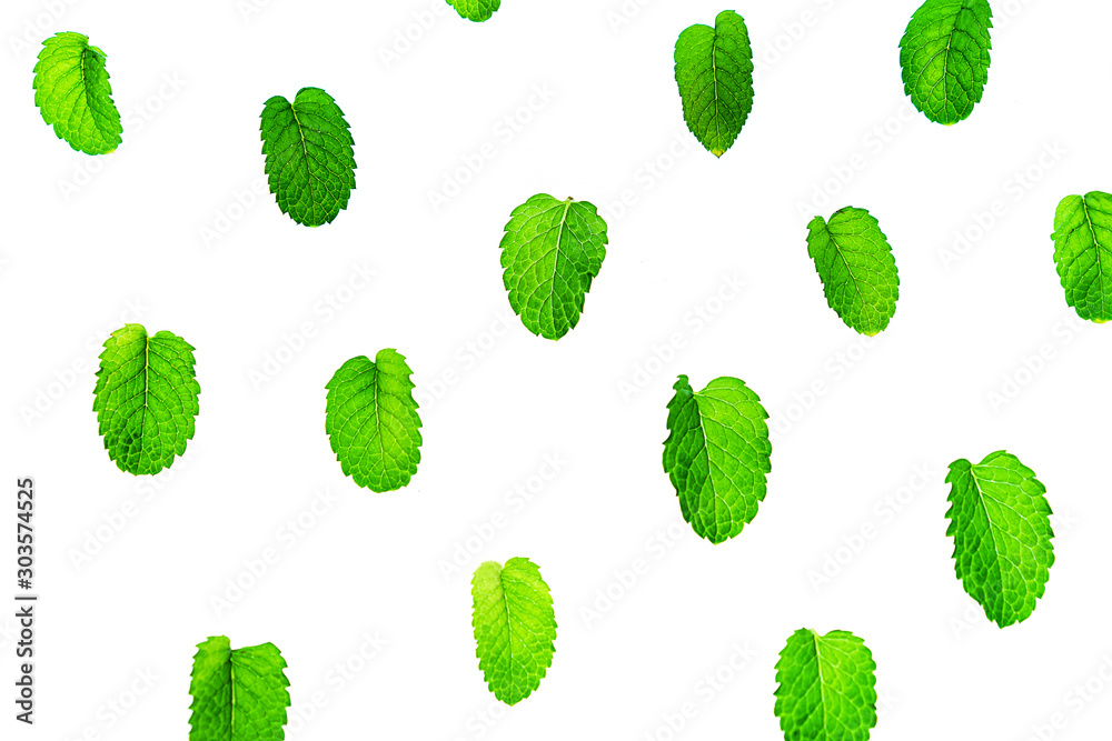 Fresh mint leaves pattern isolated on white background. - obrazy, fototapety, plakaty 
