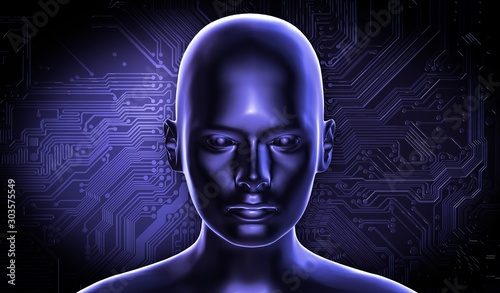 3d rendered human face, digital illustration, with dark blue colors. The concept of artificial intelligence.
