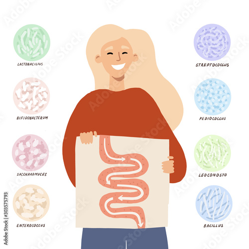Girl showing her guts and good digestion with the help of probiotics food