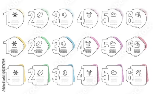 Snowflake, No alcohol and Organic tested line icons set. Infographic timeline. Coffee beans, Cloudy weather and Dirty water signs. Air conditioning, Mineral oil, Paraben. Vegetarian seed. Vector
