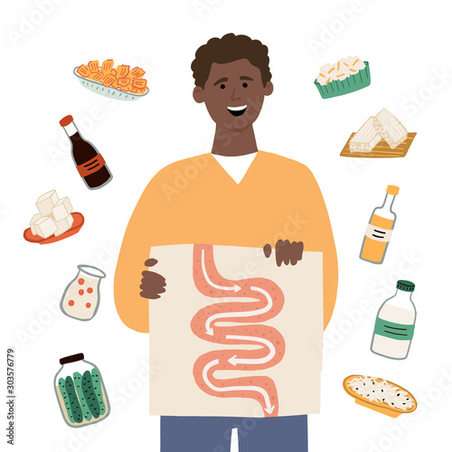 Man showing his guts and good digestion with the help of probiotics food