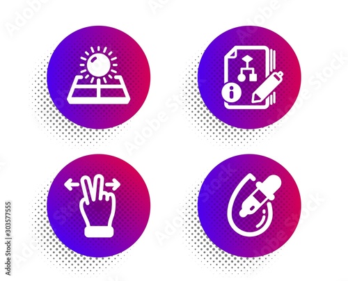 Touchscreen gesture, Algorithm and Sun energy icons simple set. Halftone dots button. Eye drops sign. Swipe, Project, Solar panels. Pipette. Business set. Classic flat touchscreen gesture icon. Vector