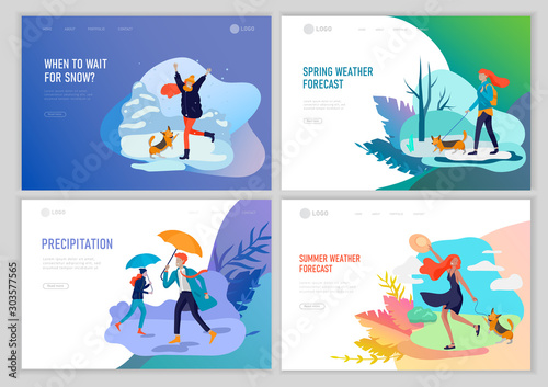 Landing page template for weather forecast. People character in various weather conditions, in seasonal clothes, enjoys walking on street in rain, snowfall, summer heat. Vector cartoon