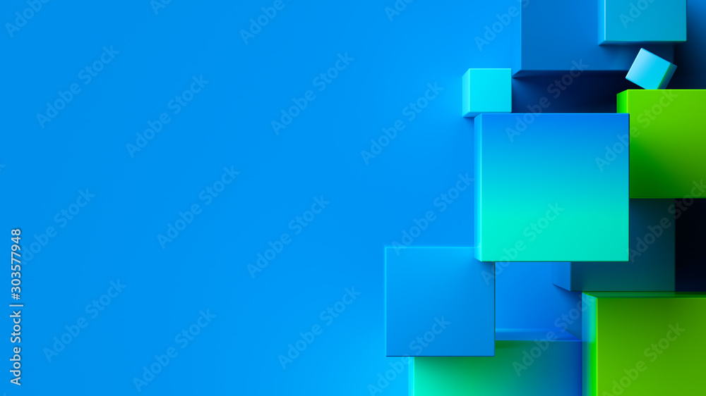 Fototapeta premium Niebieskie zielone tło geometryczne. 3d rendering sześcienny minimalny skład dla szablonu projektu korporacyjnego.