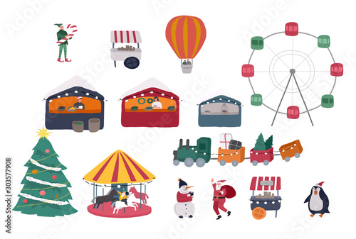 Christmas holiday outdoor fair or street market on town square. Merchants and customers cartoon characters people walking between decorated stalls or kiosks. Holiday New year
