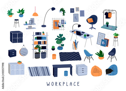 Set for workplace or home office with stylish comfy furniture and modern home decorations in trendy Scandinavian or hygge style. Cozy Interior furnished home plants. Flat cartoon vector