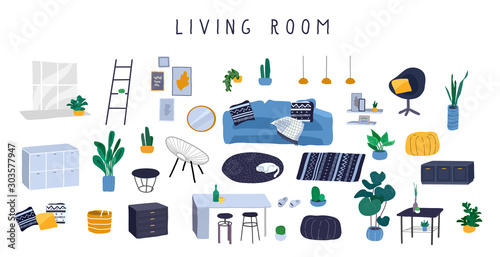 Stylish comfy furniture and modern home decorations set in trendy Scandinavian or hygge style. Cozy Interior living rooms or apartments furnished home plants. Flat cartoon vector
