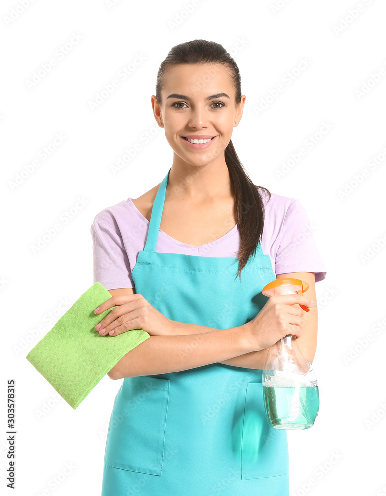 Female janitor with cleaning supplies on white background Female janitor with cleaning supplies on white background