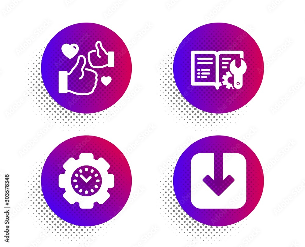 Engineering documentation, Time management and Like icons simple set. Halftone dots button. Load document sign. Manual, Settings, Thumbs up. Download arrowhead. Technology set. Vector