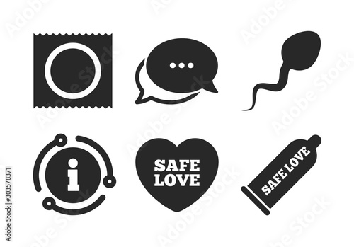Condom and package symbol. Chat, info sign. Safe sex love icons. Sperm sign. Fertilization or insemination. Classic style speech bubble icon. Vector