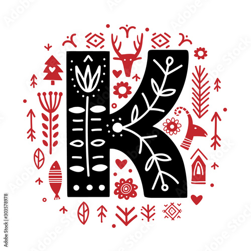 Creative letter K with folk motives - scandinavian. Vector illustration.
