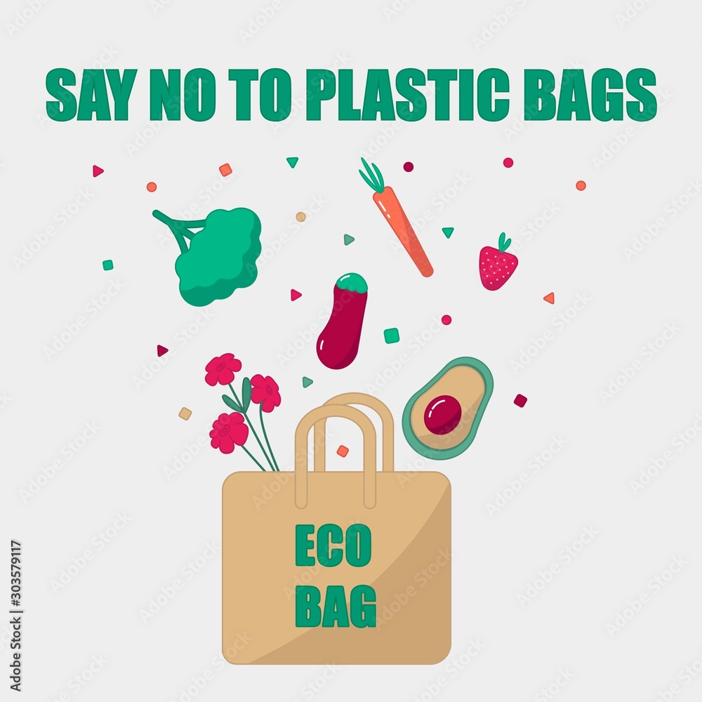 Plakat Pollution problem concept. Say no to plastic bags, bring your own textile bag.Flat editable vector illustration.zero waste.