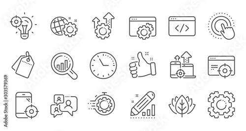 Seo line icons. Website stats, Target and Increase sales signs. Traffic management, social network and seo optimization icons. Linear set. Quality line set. Vector