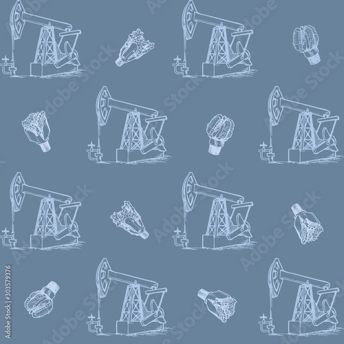 Oil and Gas industry. Pumpjack and drill bits. Seampless pattern. EPS10 vector illustration