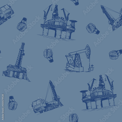 Oil and Gas industry. offshore platform Pumpjack and drill bits. Seampless pattern. EPS10 vector illustration