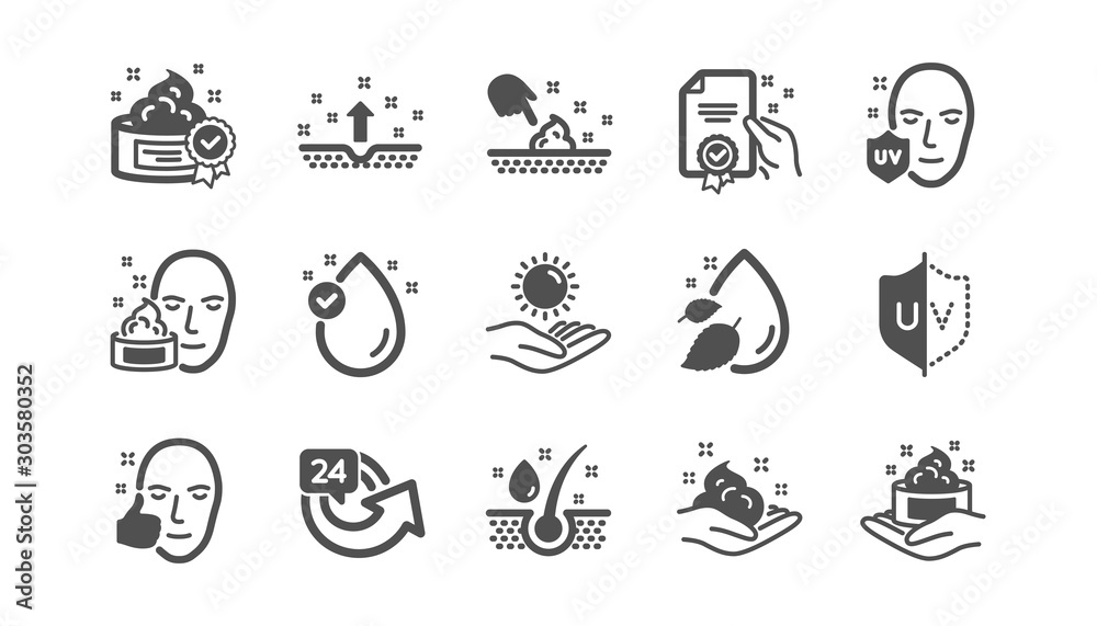 Skin care icons. Cream, Serum drop and Face gel or lotion. Uv protection classic icon set. Quality set. Vector