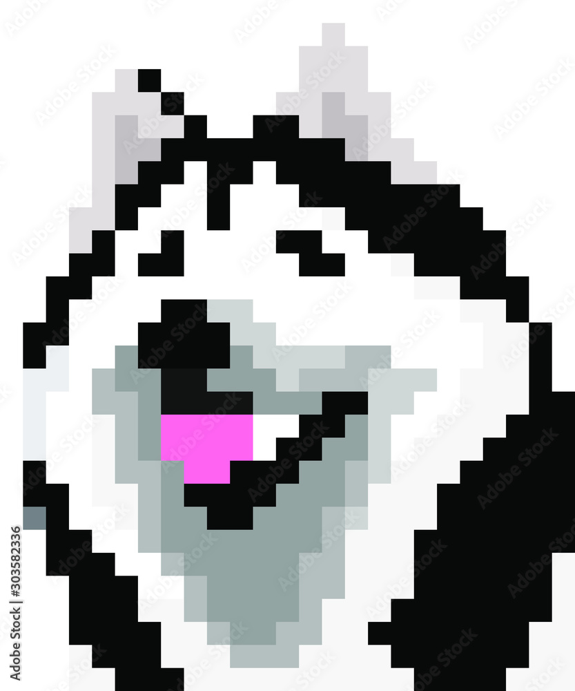 vector pixel art Siberian Husky dog isolated on white background, black and white dog.