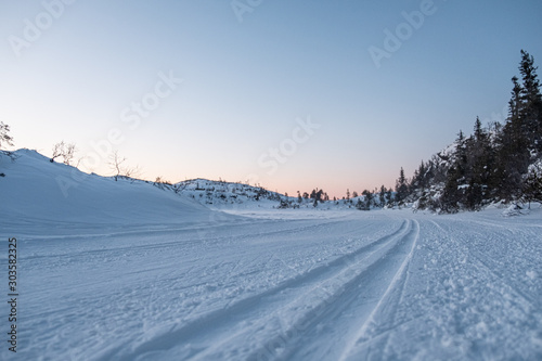 Winter mountain road skiing