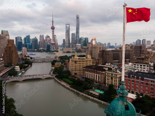 Chinese flag on the top of Shanghai Postal Museum, Shanghai, China