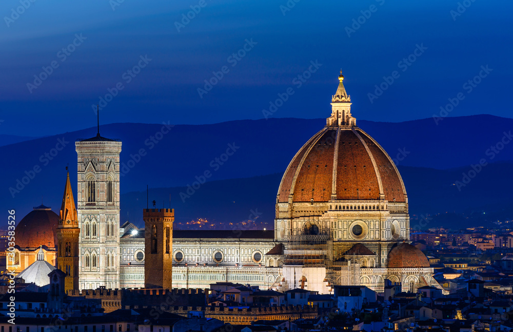 Night view of Florence Duomo. Basilica di Santa Maria del Fiore (Basilica of Saint Mary of the Flower) in Florence, Italy. Skyline of Florence