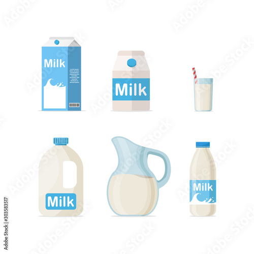 Set of milk in different packages: glass, carton, bottle isolated on White background