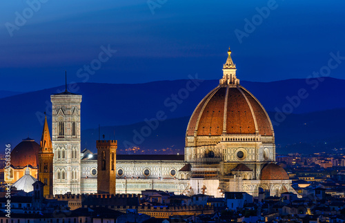 Night view of Florence Duomo. Basilica di Santa Maria del Fiore (Basilica of Saint Mary of the Flower) in Florence, Italy. Skyline of Florence