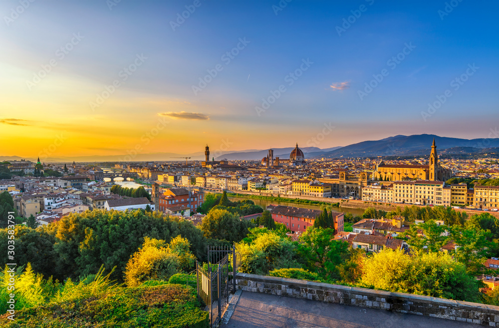 Sunset view of Florence, Ponte Vecchio, Palazzo Vecchio and Florence Duomo, Italy. Architecture and landmark of Florence. Cityscape of Florence